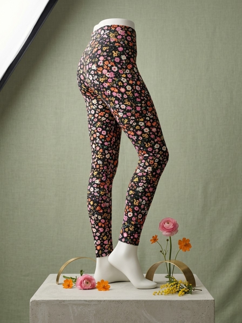 No Boundaries Black Floral High-Waist Leggings with Pink & Orange Blooms